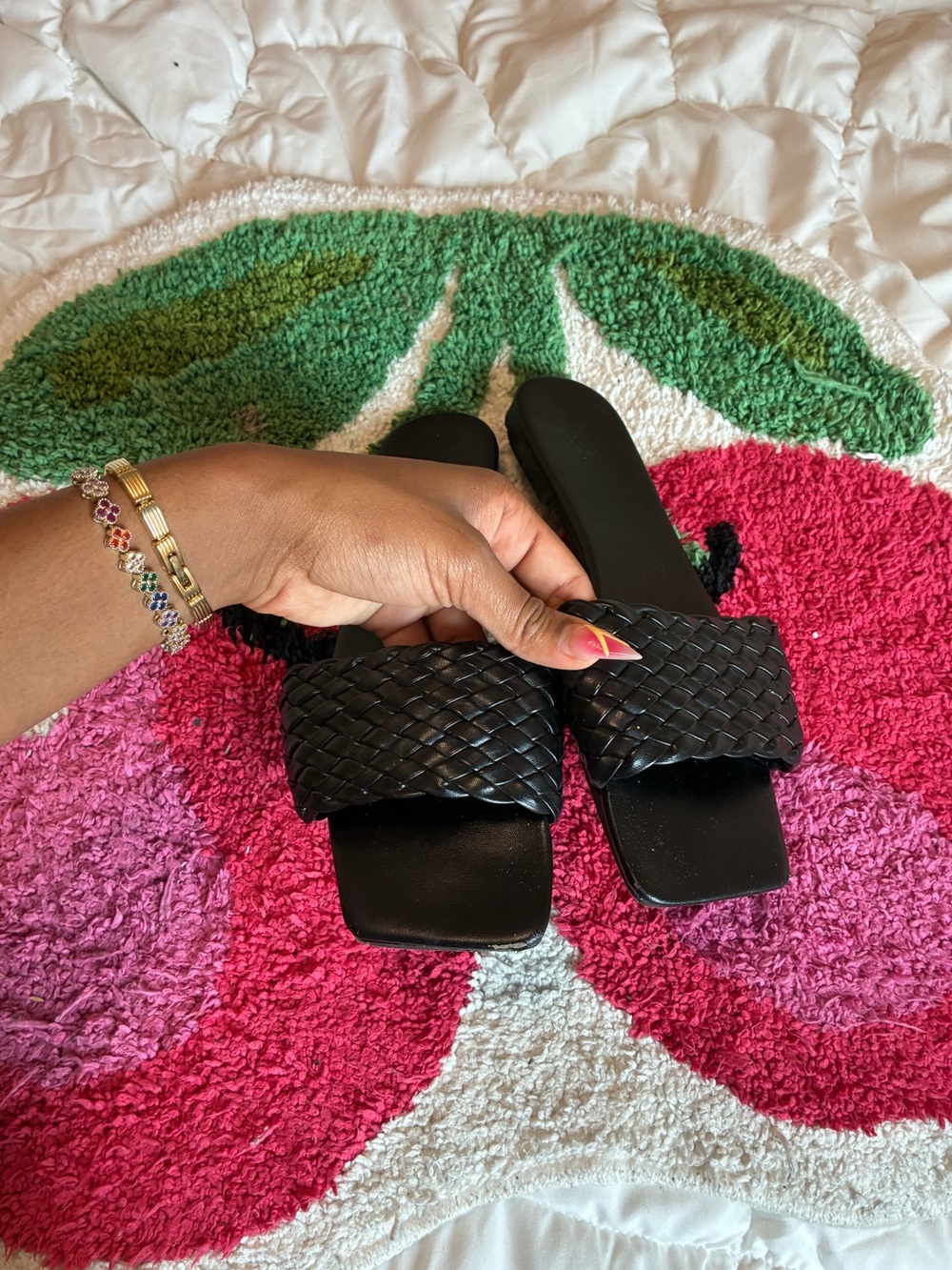 Woven Band Black Slide Sandals - Women